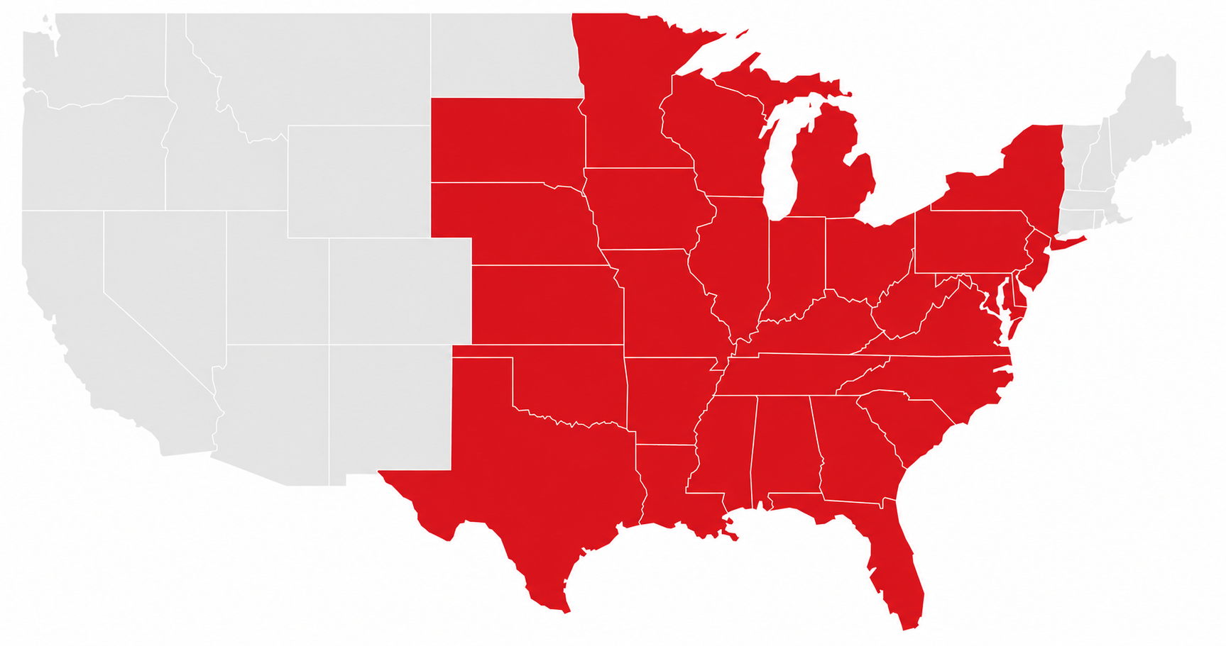 Map of the United States with most states shaded in red, indicating a specific region or data set.