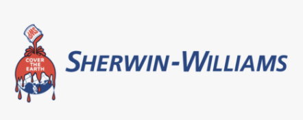 Sherwin-Williams logo with blue text and a red and white paint can with the words "Cover the Earth" on it.