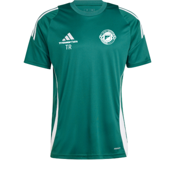 Grünes Fußballtrikot mit weißen Streifen an den Schultern, Adidas-Logo, Vereinswappen und den Initialen 'TR' auf der Brust.