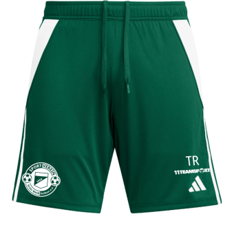 Grüne Sportshorts mit weißen Akzenten, Logo eines Fußballvereins und Adidas-Logo.