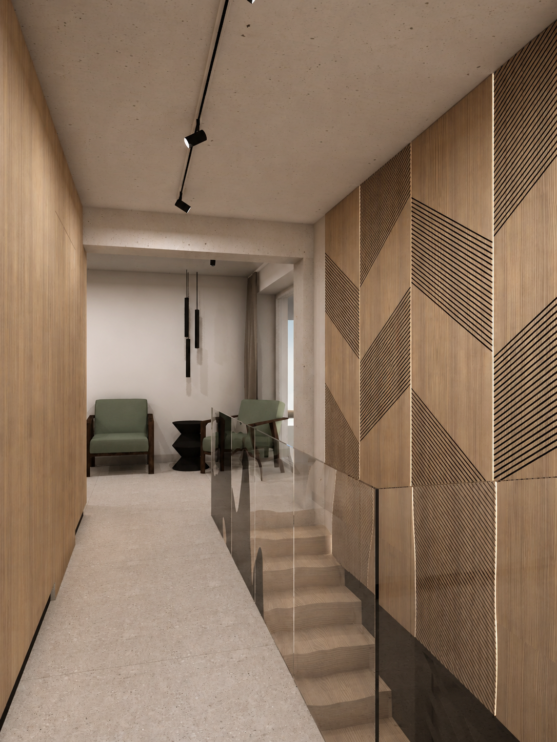 Korytarz przy schodach z drewnianą zabudową o geometrycznym wzorze i szklaną balustradą.