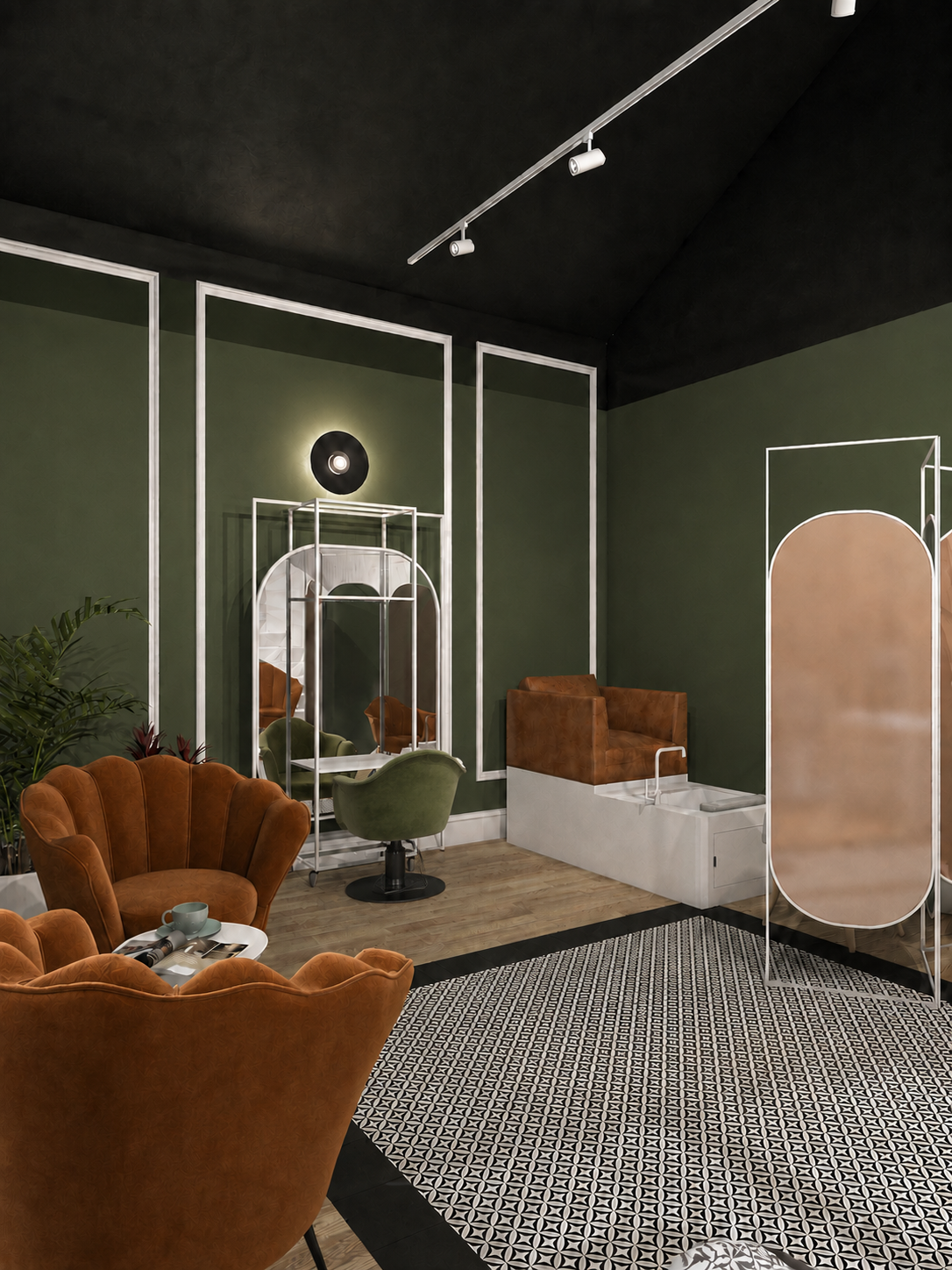 Gabinet kosmetyczny w coworkingu beauty z zielonymi ścianami i koniakowymi fotelami