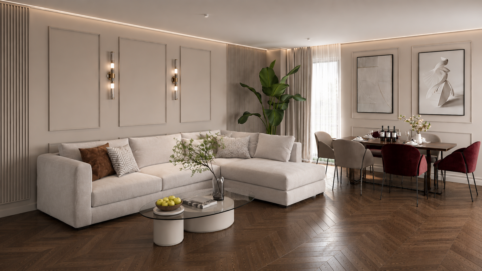 Elegancki salon połączony z jadalnią z jasną narożną sofą, drewnianą podłogą i burgundowymi krzesłami – projekt MAGMELA Design