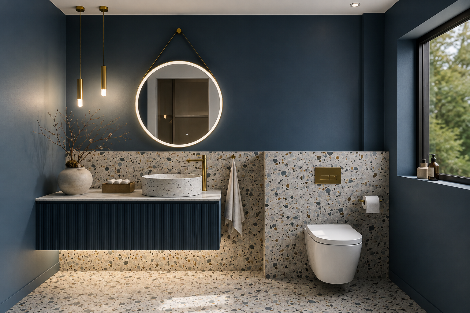 Granatowa łazienka z płytkami terrazzo, ryflowaną szafką, złotą armaturą i okrągłym lustrem