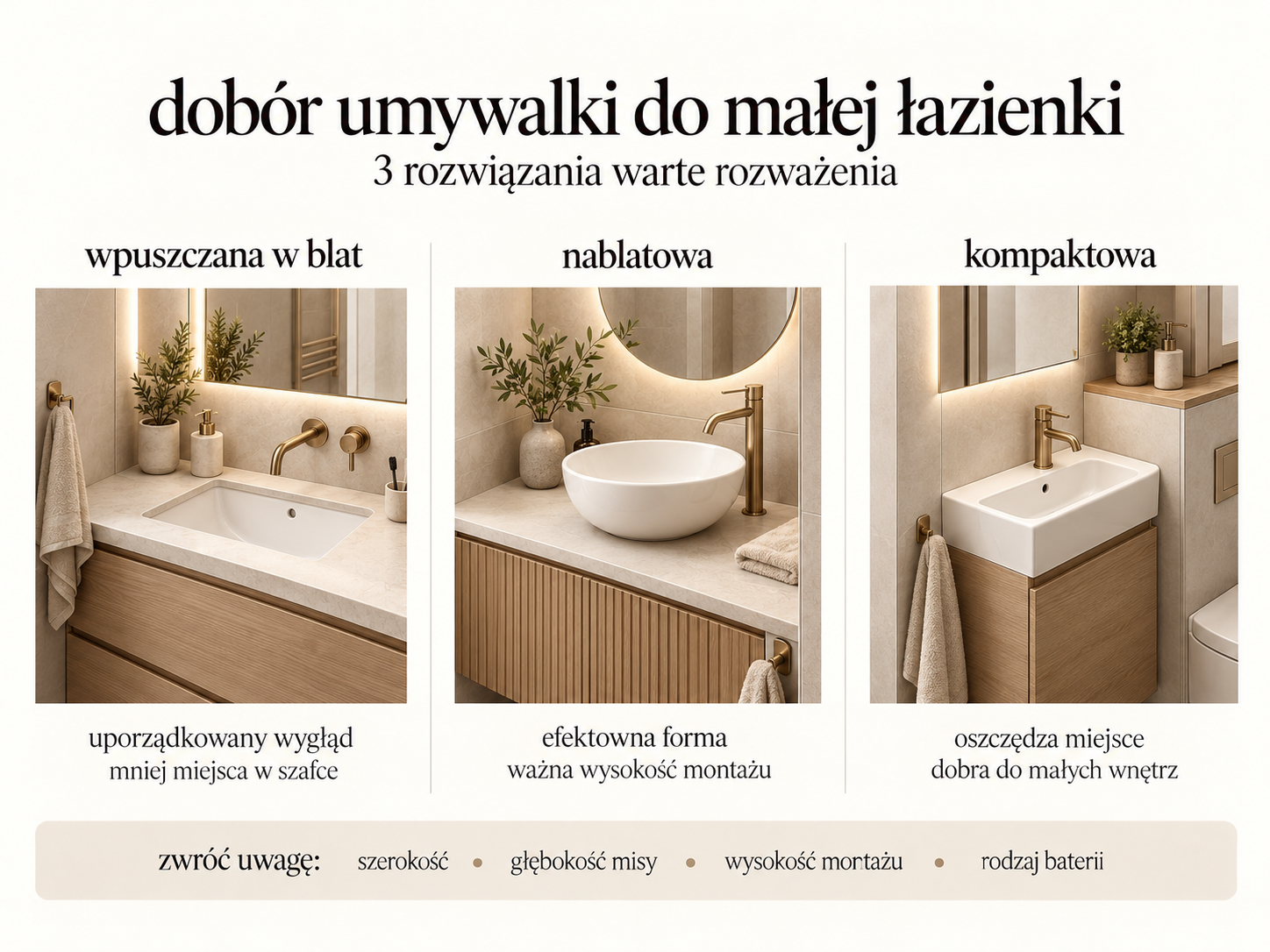 Porównanie umywalki wpuszczanej w blat, nablatowej i kompaktowej w trzech aranżacjach łazienkowych.