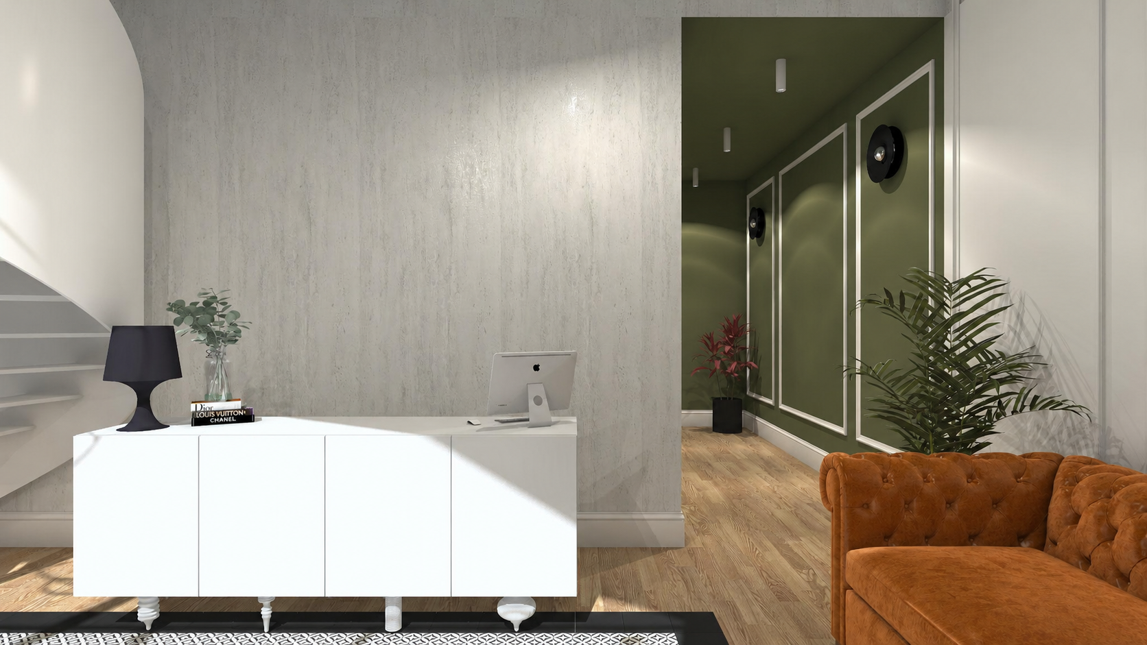 Poczekalnia i recepcja salonu beauty z zielonymi ścianami i koniakową sofą