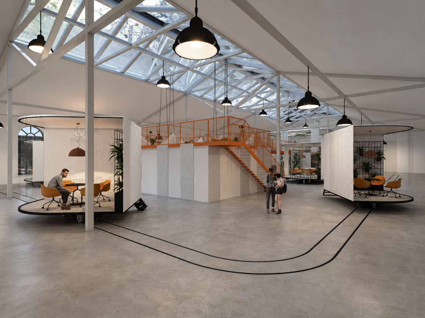 Projekt przestrzeni coworkingowej w dawnej zajezdni kolejowej z mobilnymi modułami biurowymi na torach