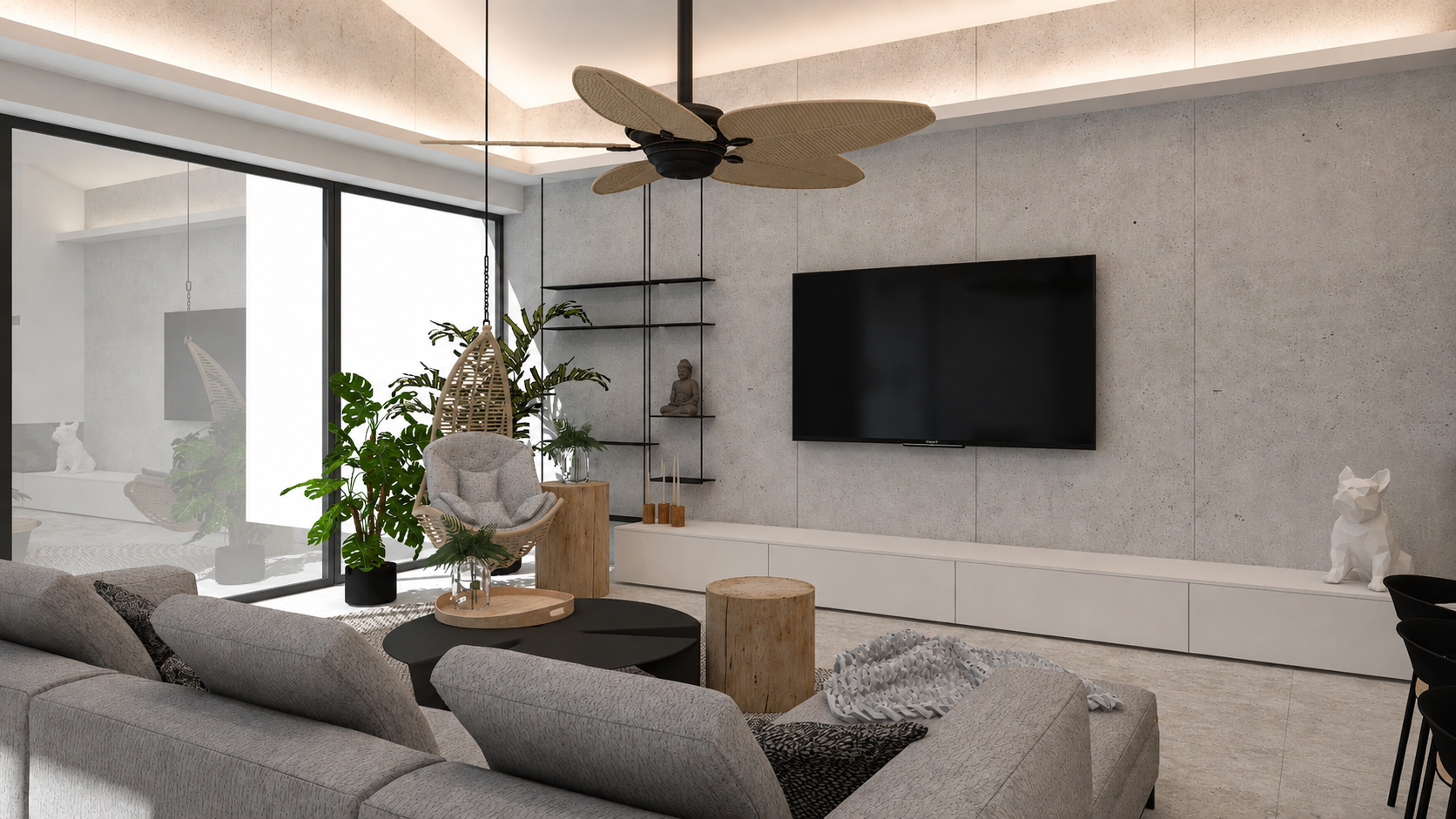 Jasny salon z betonową ścianą telewizyjną, czarnymi detalami i naturalnym drewnem