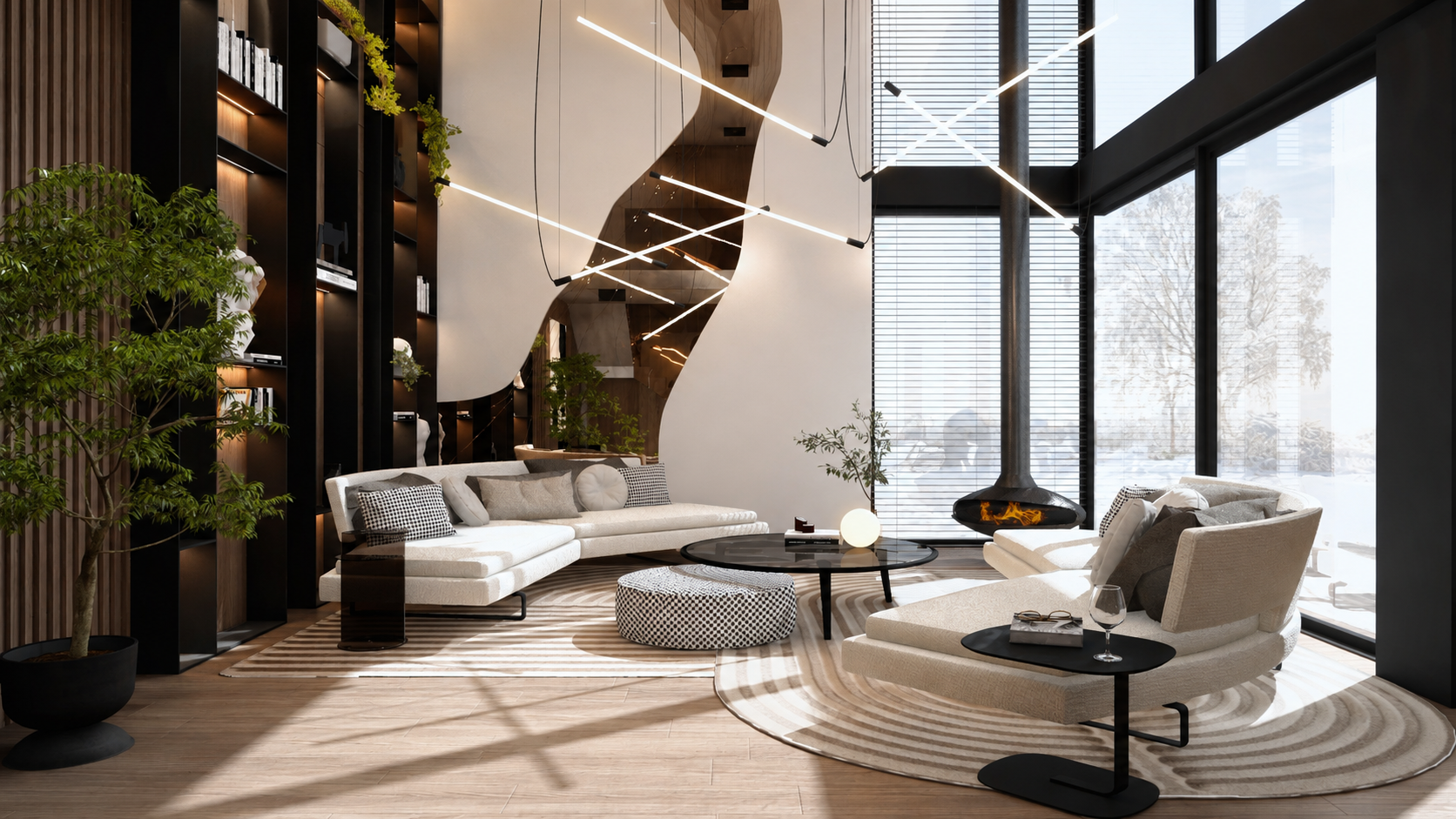 Nowoczesny salon z wysokimi przeszkleniami, wiszącym kominkiem i rzeźbiarskimi schodami – projekt wnętrza MAGMELA Design