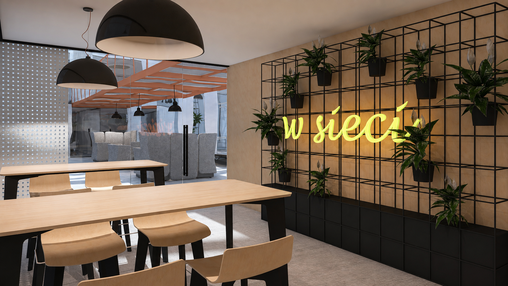 Kawiarenka w przestrzeni coworkingowej z roślinnością i neonem W sieci