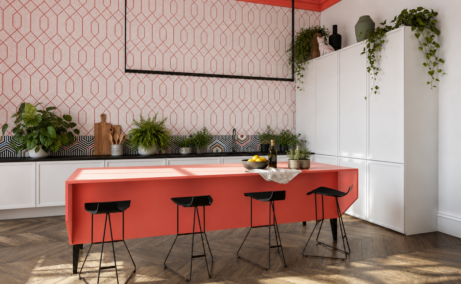 Kuchnia z koralową wyspą, graficzną tapetą i roślinnością – projekt koncepcyjny wnętrza MAGMELA Design