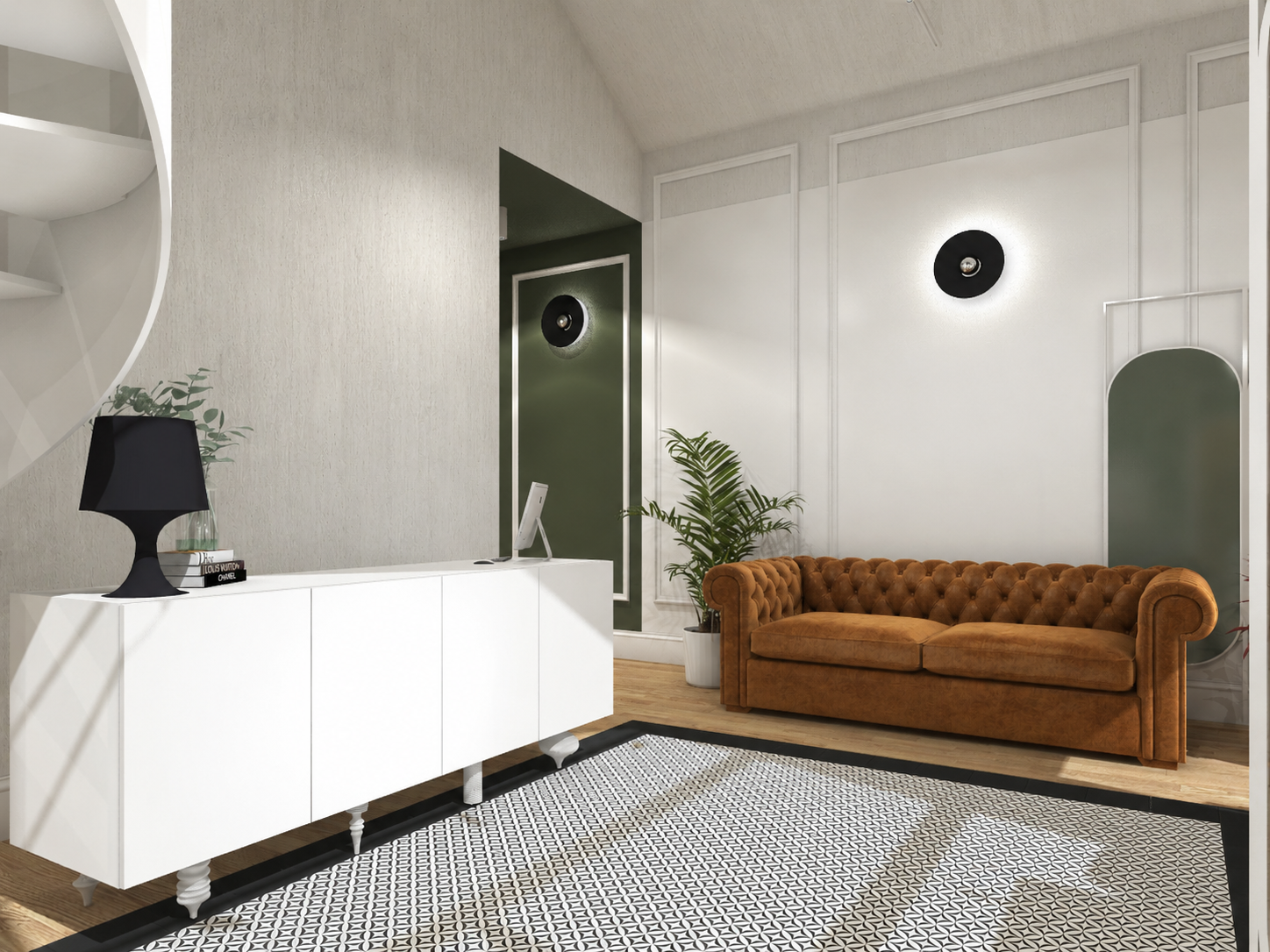 Recepcja coworkingu beauty z białą ladą i koniakową sofą Chesterfield
