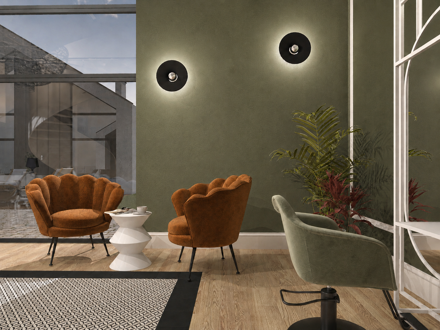 Strefa główna coworkingu beauty z zieloną ścianą i koniakowymi fotelami