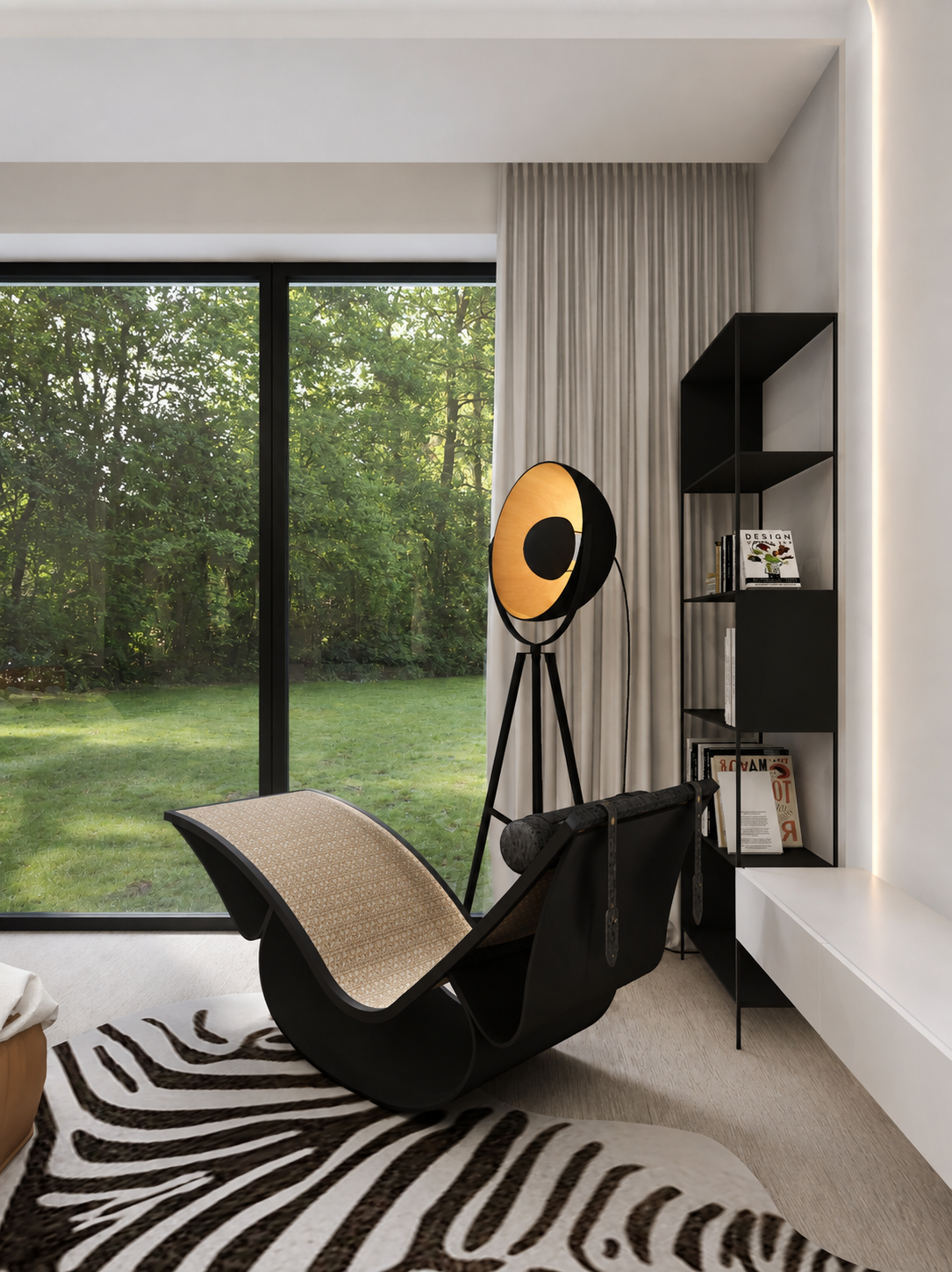 Kącik do czytania z designerskim czarnym fotelem, lampą podłogową, regałem i widokiem na ogród – projekt MAGMELA Design