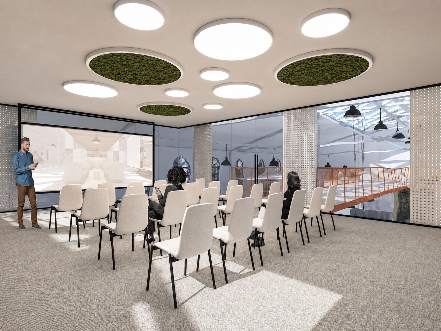 Sala prezentacyjna w przestrzeni coworkingowej z ekranem i panelami z zielenią na suficie