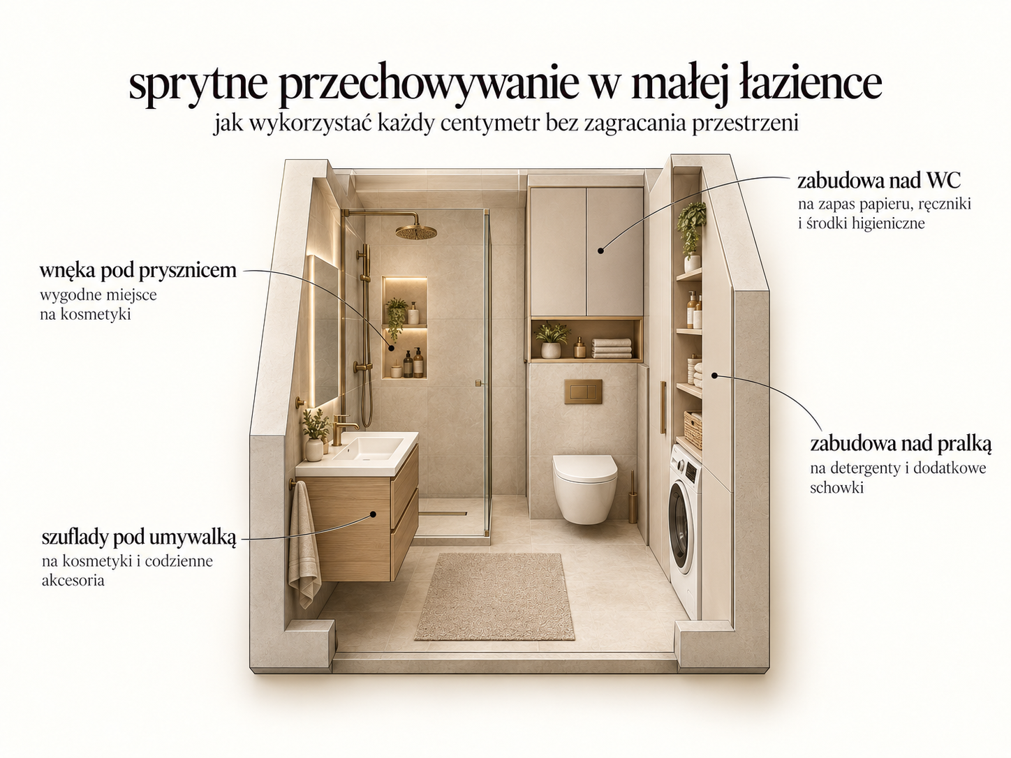 Wizualizacja łazienki z szufladami pod umywalką, zabudową nad WC, wnęką prysznicową i szafkami nad pralką.