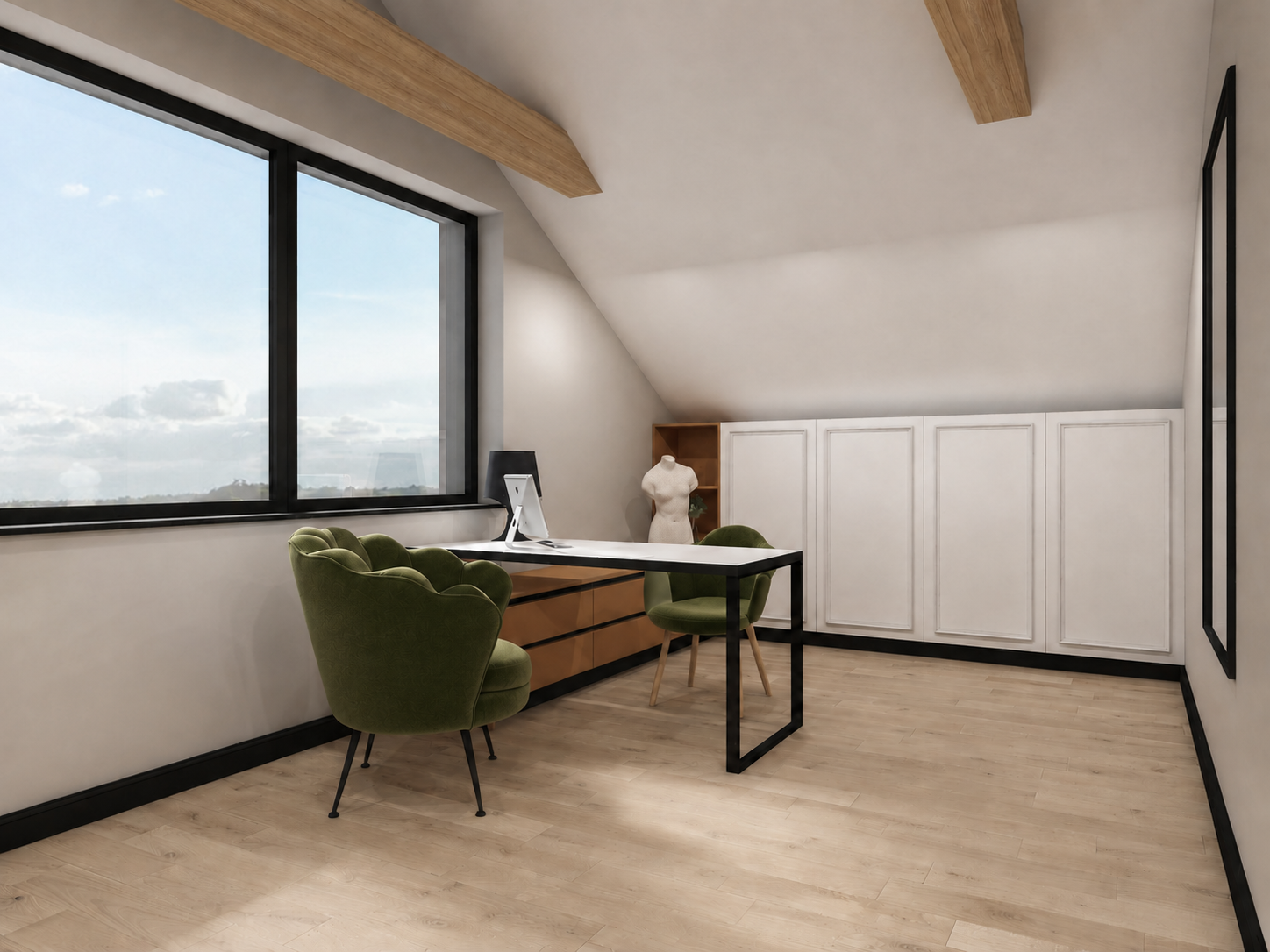 Prywatny gabinet w coworkingu beauty z drewnianą podłogą i zielonymi fotelami