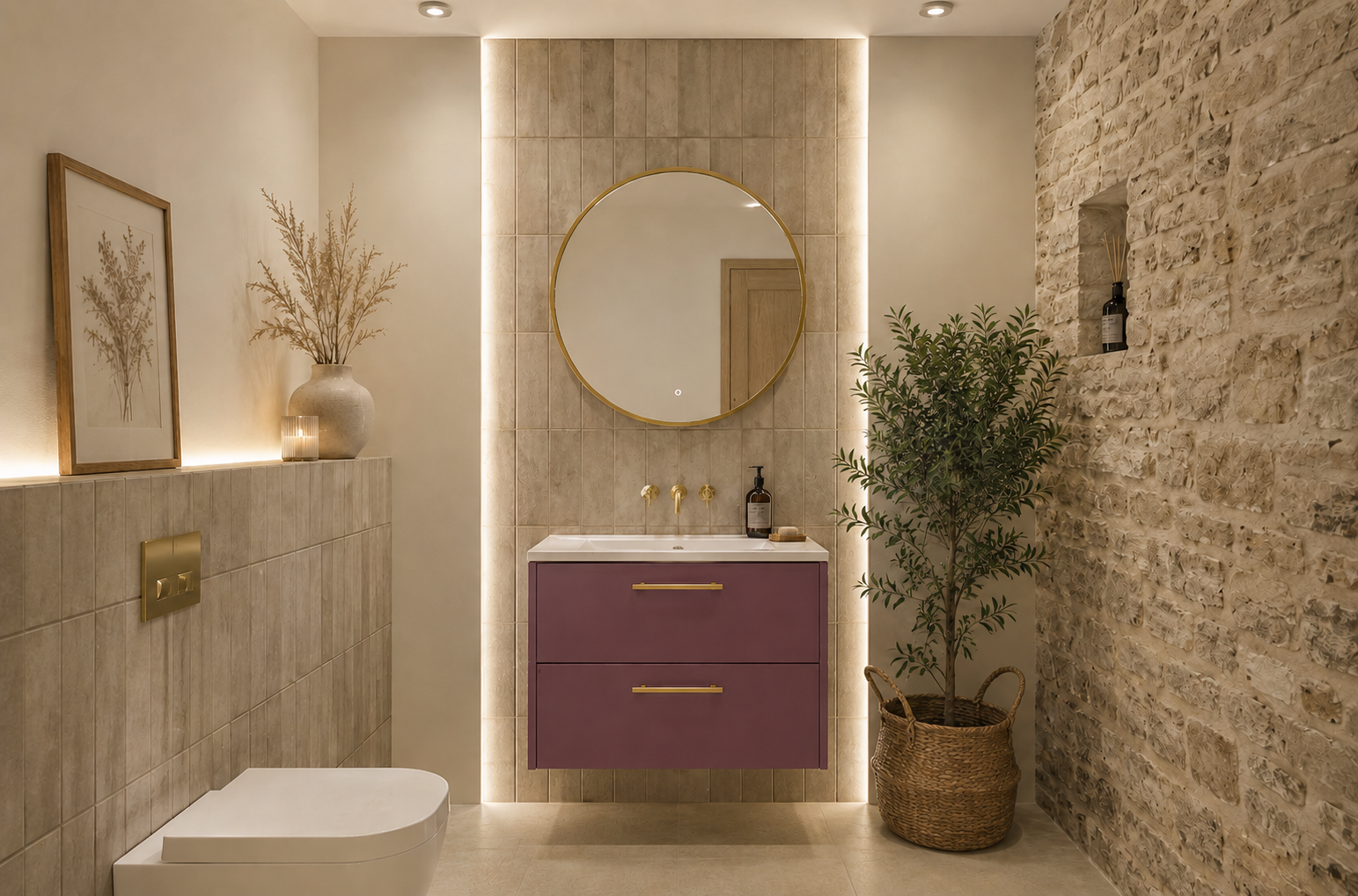 Łazienka z szafką w kolorze Plum Violet, kamienną ścianą, okrągłym lustrem i mosiężnymi detalami – projekt MAGMELA Design