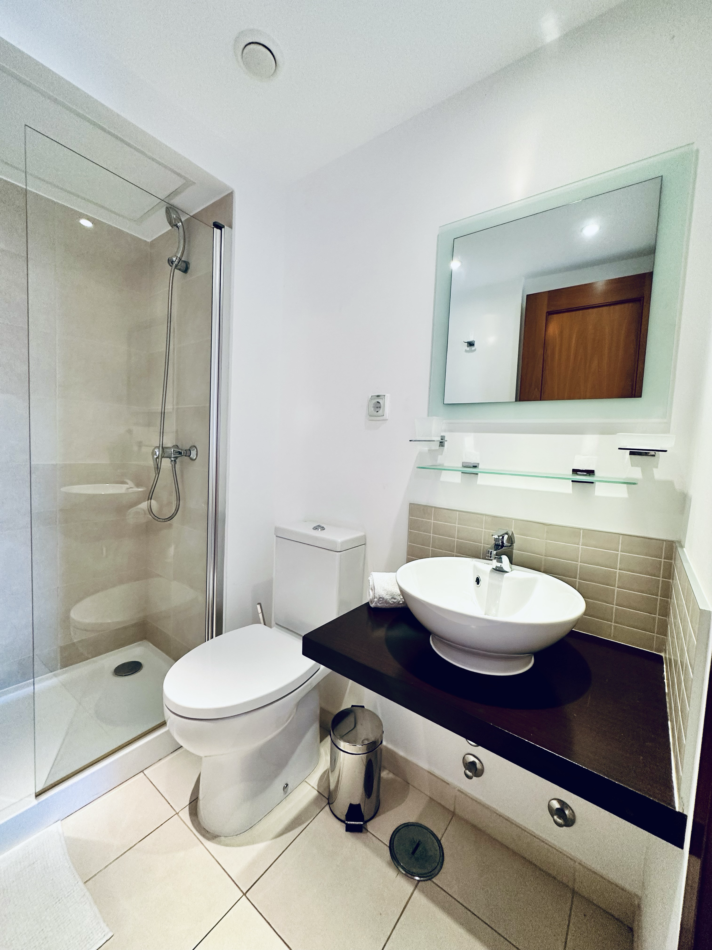 A modern bathroom with a walk-in shower, a toilet, a sink with a dark countertop, a mirror, a wooden cabinet, and a small trash can.