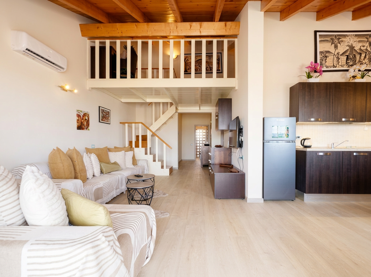 Open-concept living room and kitchen in a modern home with wooden accents, beige couches, a staircase, and a balcony above.