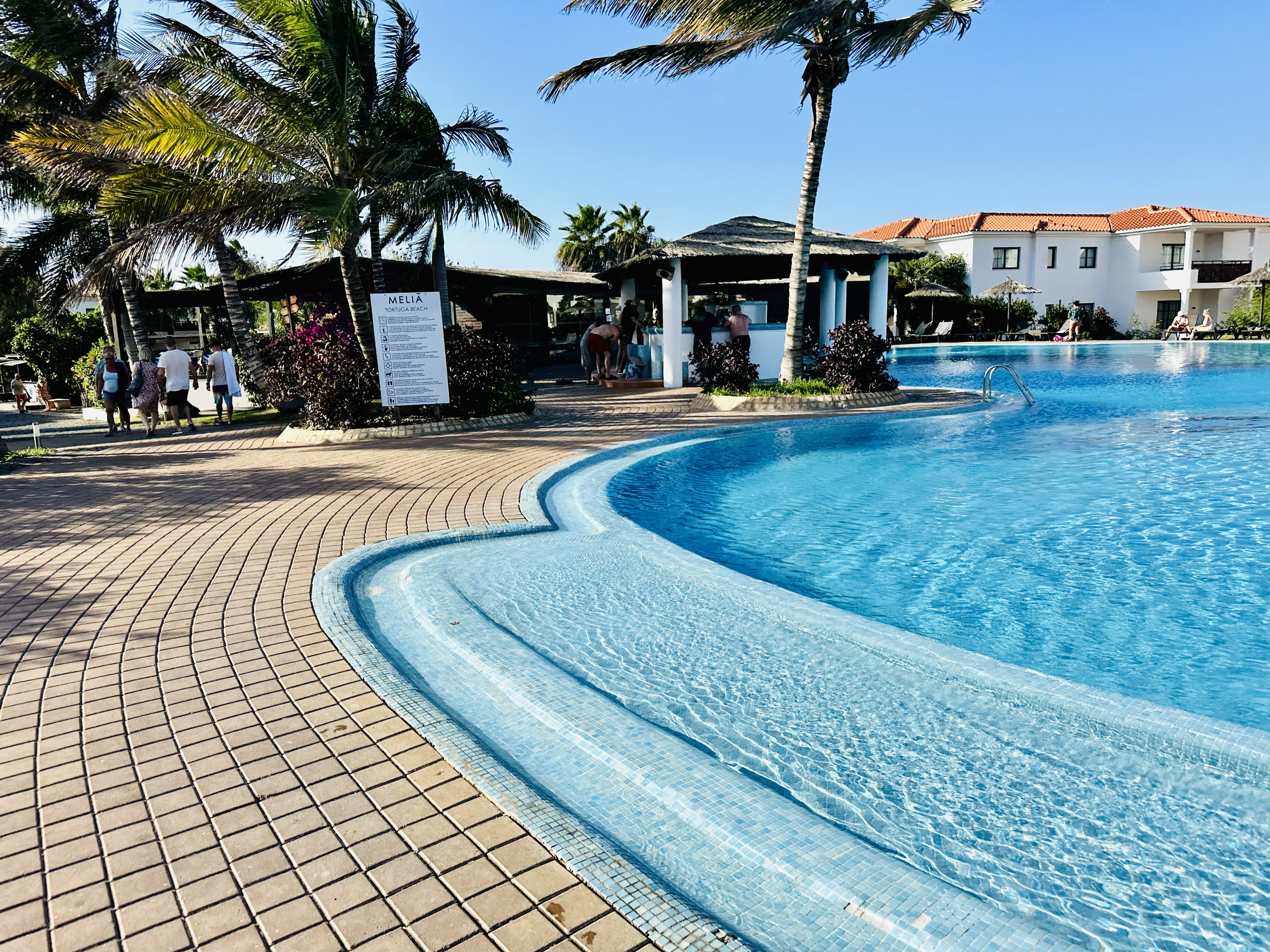 A swimming pool area with clear blue water, surrounded by brick paving, with palm trees, a thatched-roof bar, and people relaxing and walking around under a sunny sky.