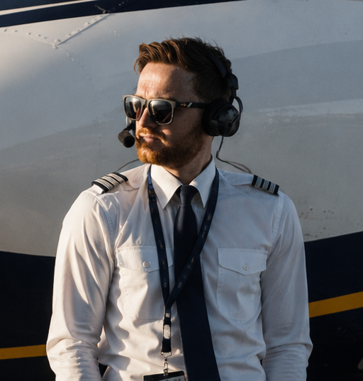 Male airline pilot in uniform with sunglasses and headset, standing outside near an airplane.