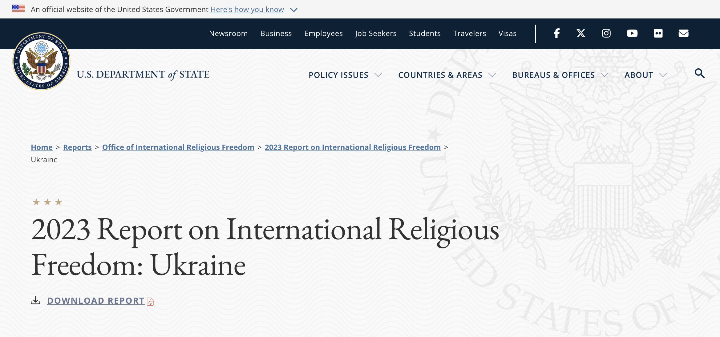 Screenshot of 2023 Report on International Freedom: Ukraine