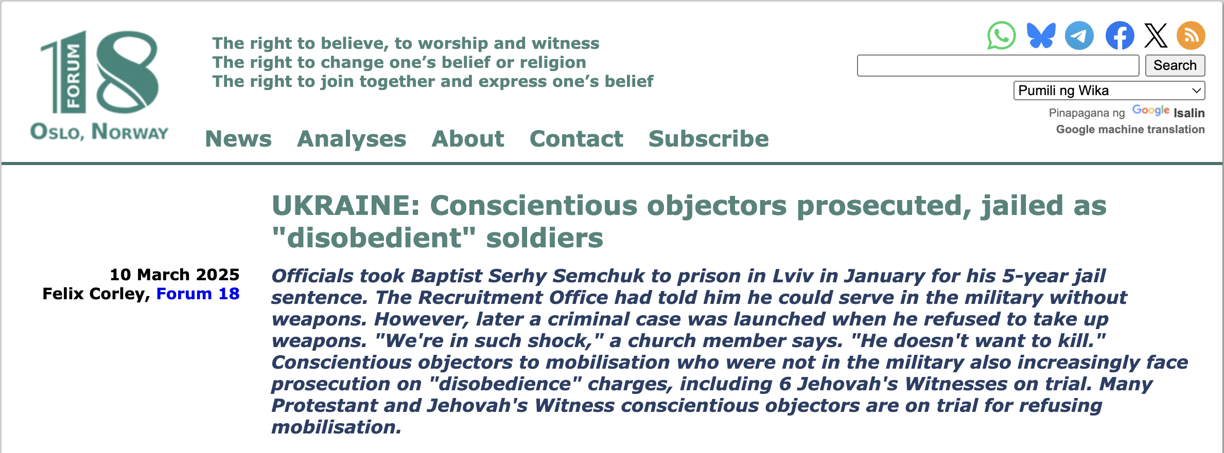 Ukraine — Conscientious Objectors Prosecuted