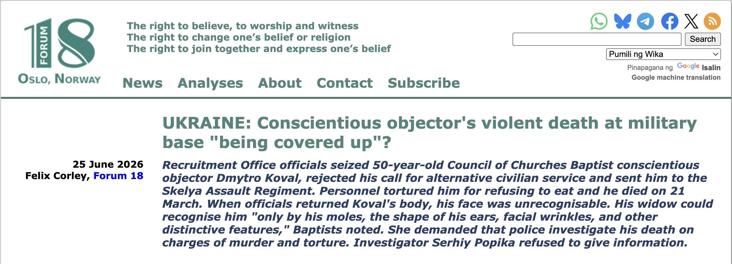 Ukraine — Violent Death of Conscientious Objector
