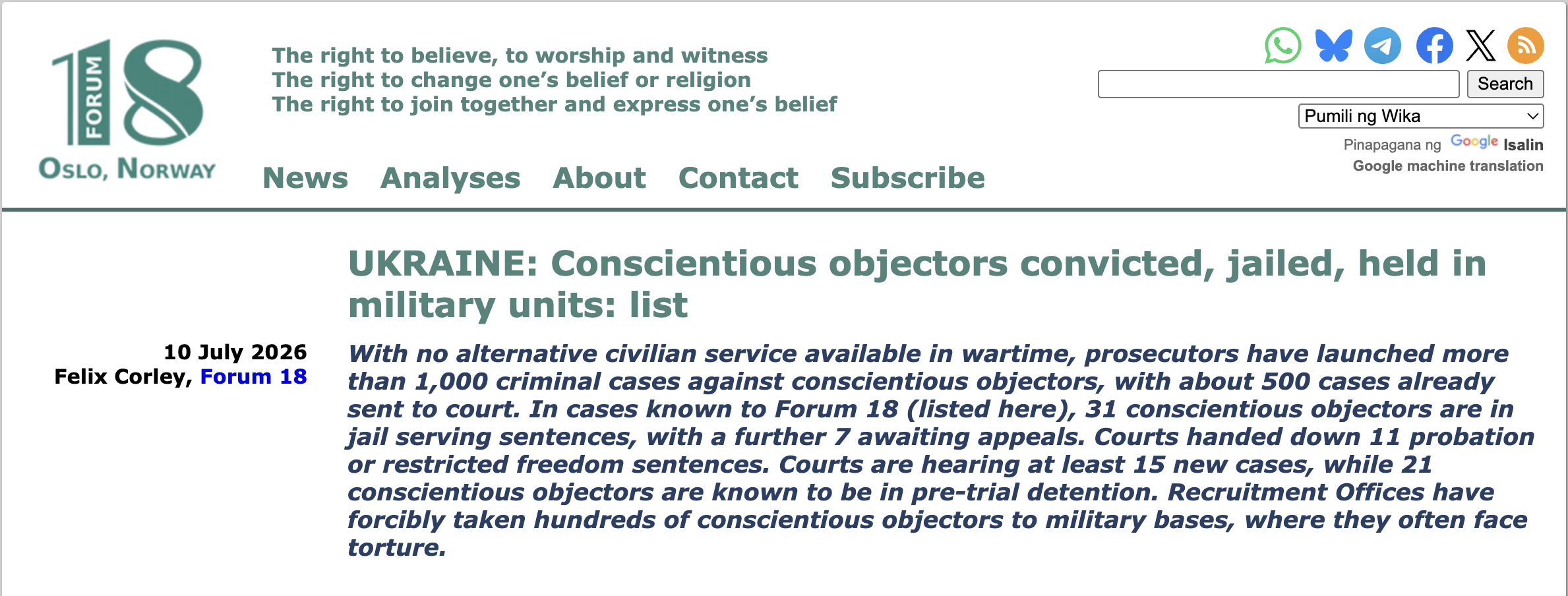 Ukraine — Persecution of Conscientious Objectors