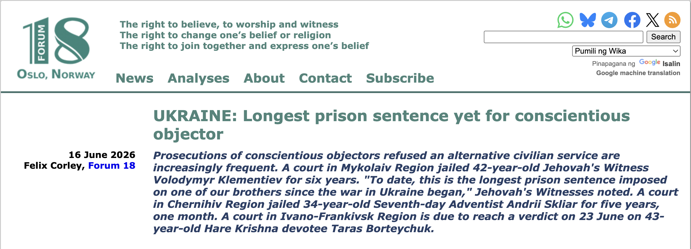 Ukraine — Longest Prison Sentence for Conscientious Objection