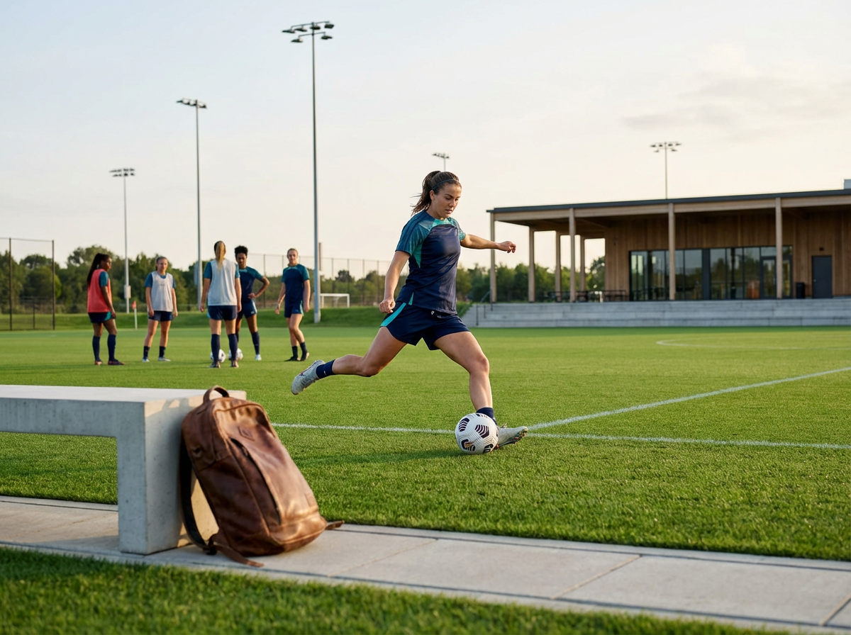 Female soccer player kicking a ball during practice on an outdoor field with a group of players in the background.