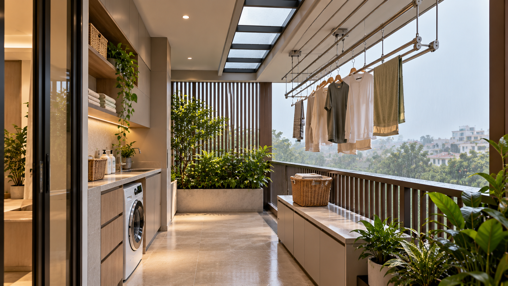Covered residential utility balcony with ceiling-mounted clothes drying rails, rain protection and ventilated screening.