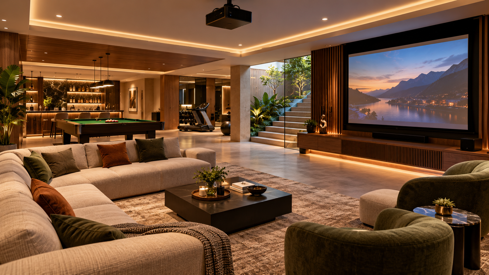 Luxury villa basement interior featuring an elegant family lounge, large home theatre screen, billiards table, fitness area, warm architectural lighting and landscaped courtyard access.