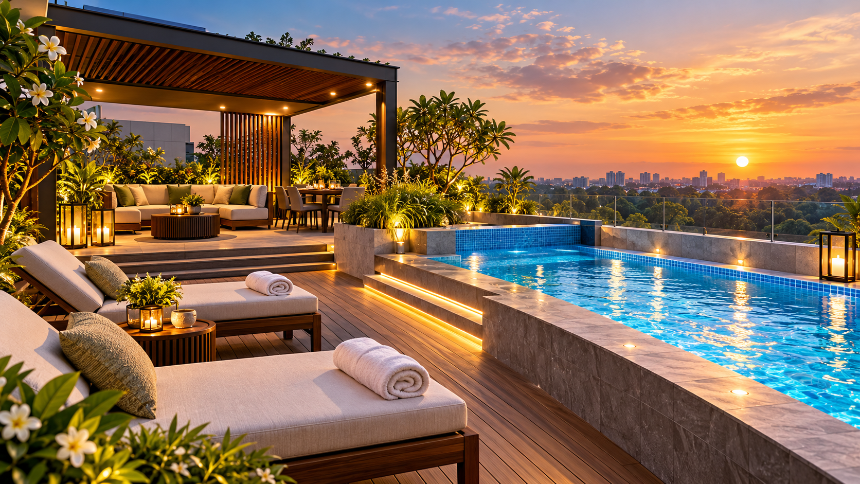 Luxury villa rooftop swimming pool with shaded pergola lounge, landscaped planters, wooden decking and warm sunset lighting.