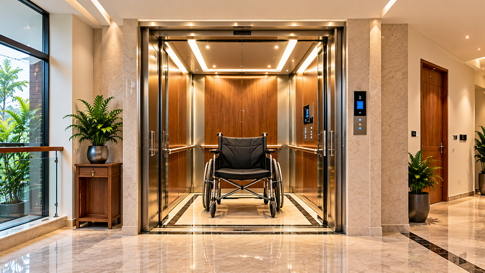 Spacious residential elevator with open doors, a wheelchair inside, handrails and an unobstructed landing in a contemporary luxury villa.