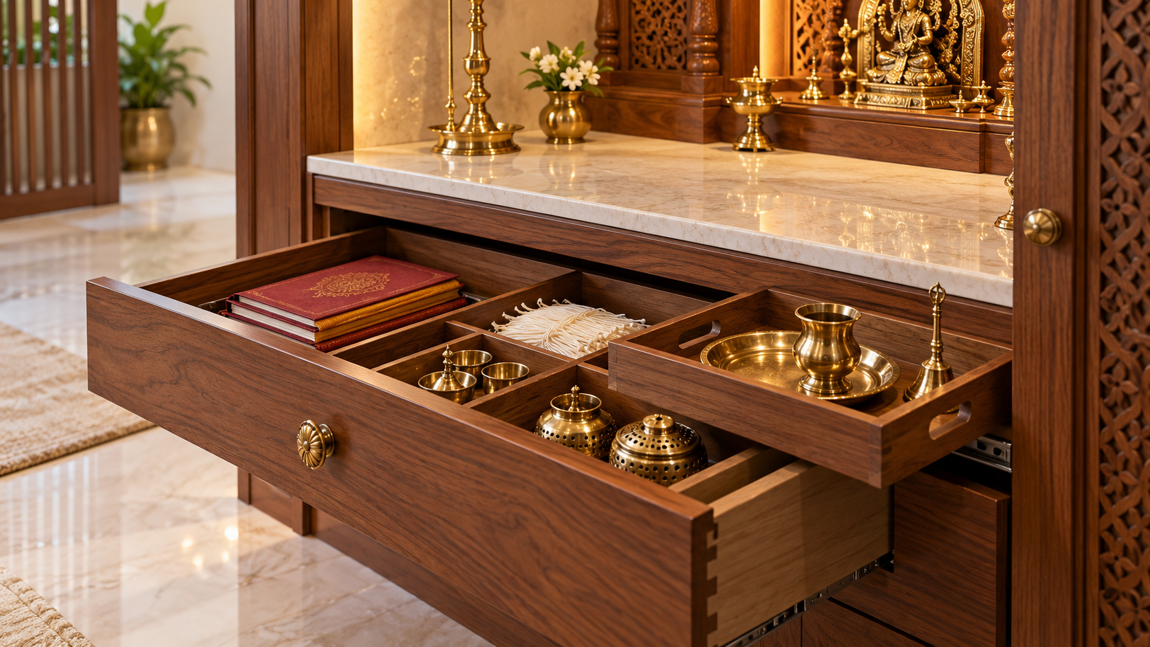 Conceptual bespoke warm-wood ritual cabinet with organised drawers, prayer books and brass utensils