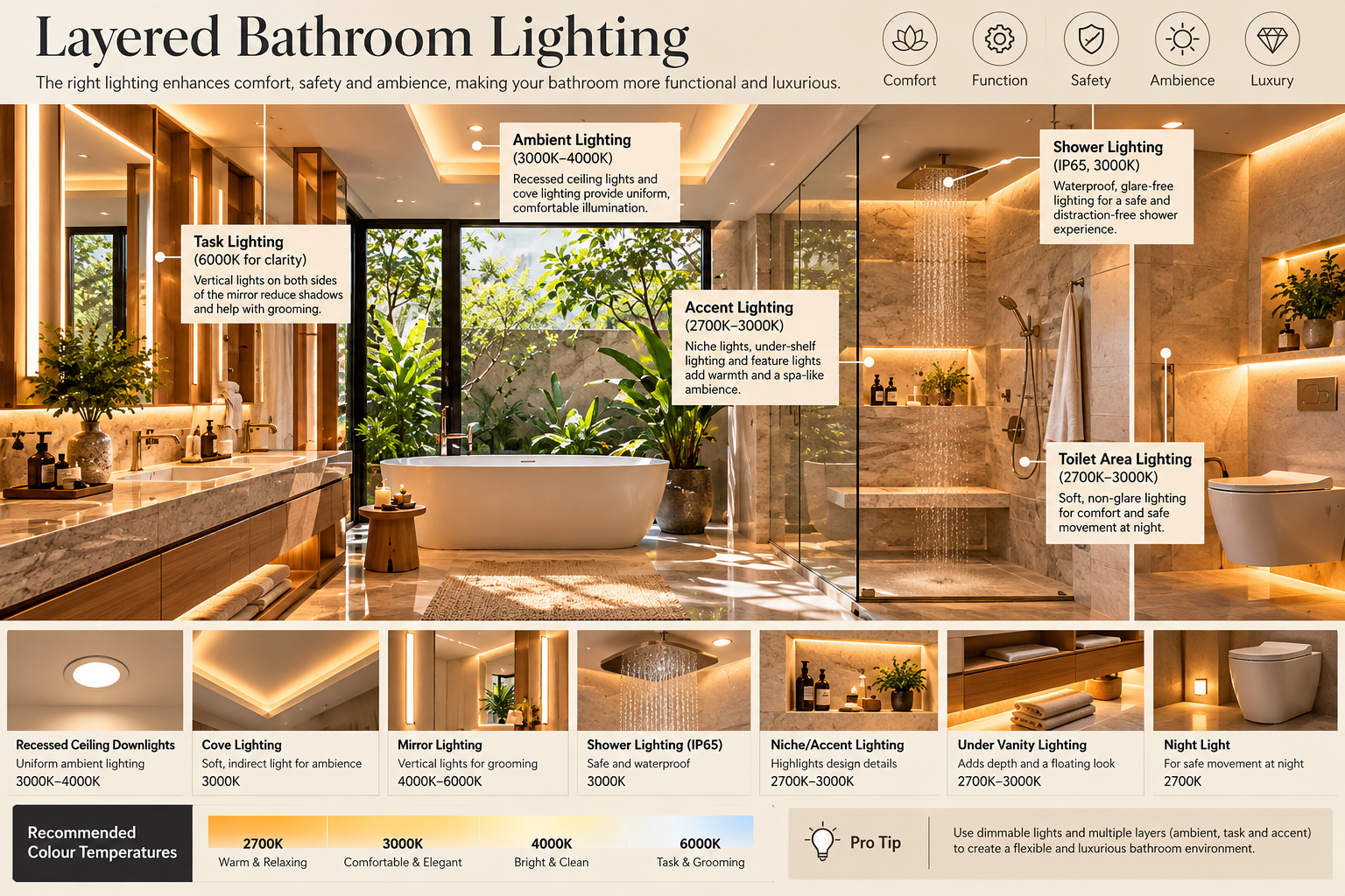 Luxury bathroom layered lighting guide illustrating ambient ceiling lights, vanity task lighting, shower-safe lighting, accent illumination and nighttime lighting.