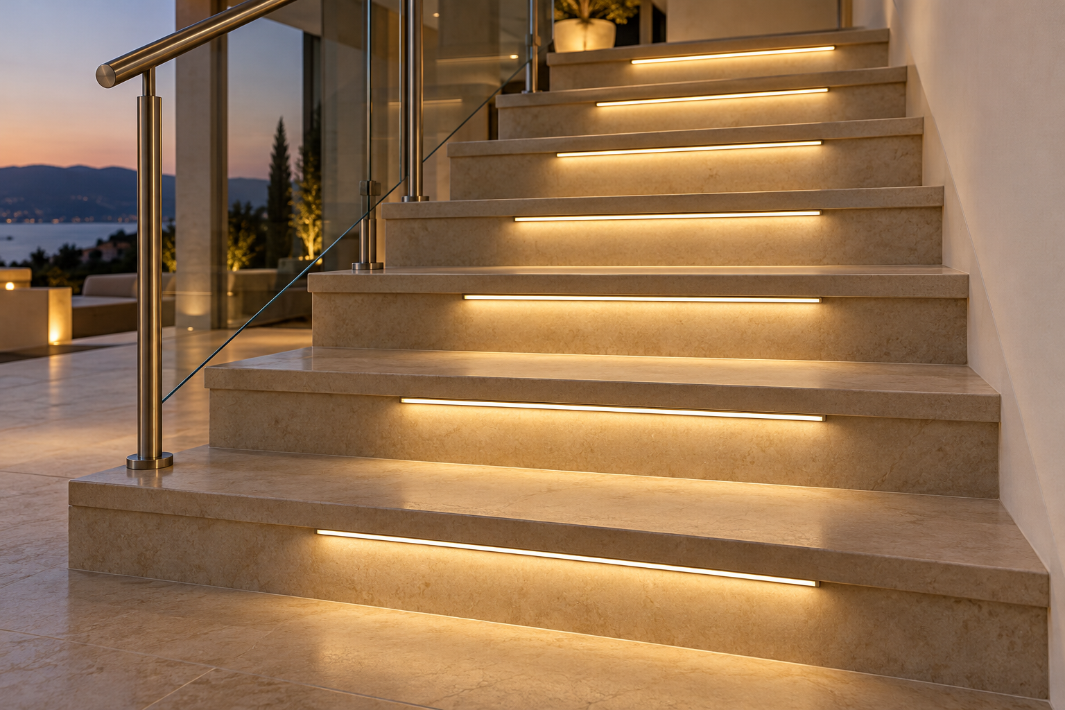 Stone staircase with warm horizontal lights recessed into the risers, beside a stainless steel and glass railing.