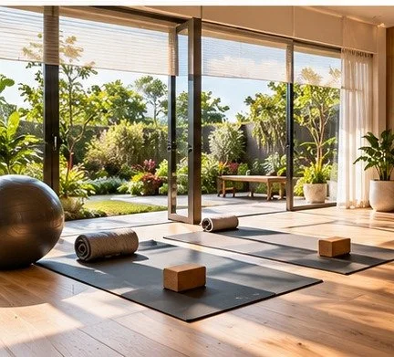 Sunlit residential yoga studio with two exercise mats overlooking a landscaped garden.