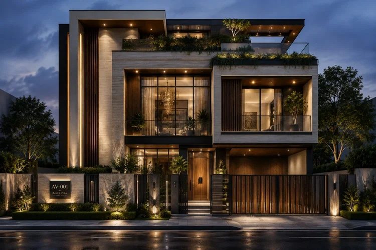 Modern multi-story house with large glass windows, wooden accents, and landscaped front yard illuminated at night.