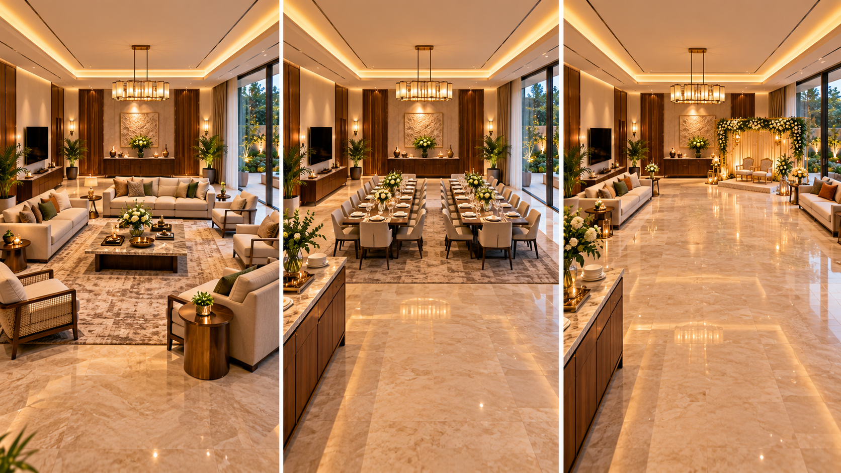 Three configurations of a luxury villa gathering hall showing comfortable lounge seating, family dining tables and an open celebration area with elegant interior finishes.