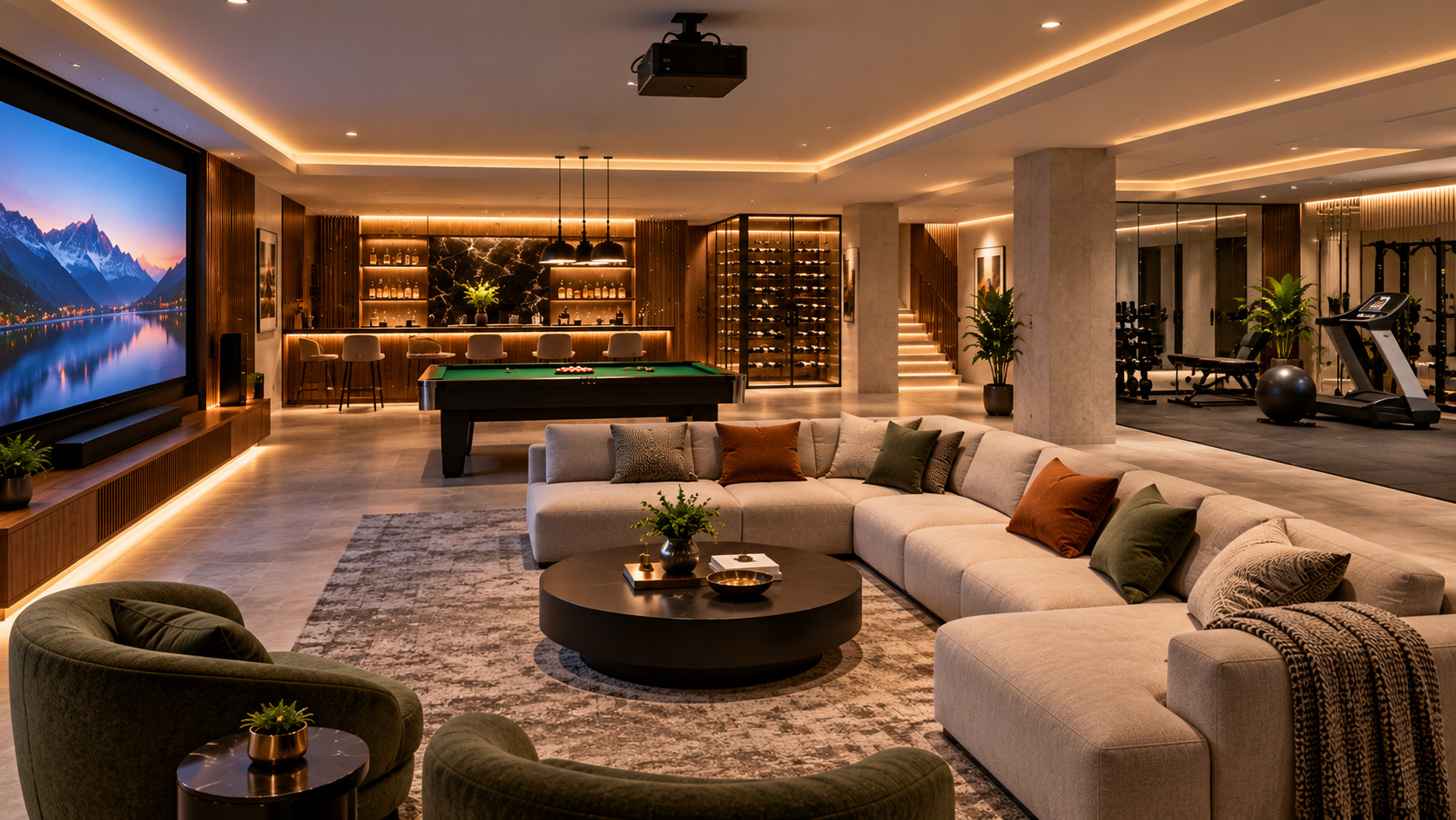 Elegant multifunctional luxury villa basement featuring a comfortable family lounge, home theatre, billiards table, fitness area, warm architectural lighting and contemporary furnishings.