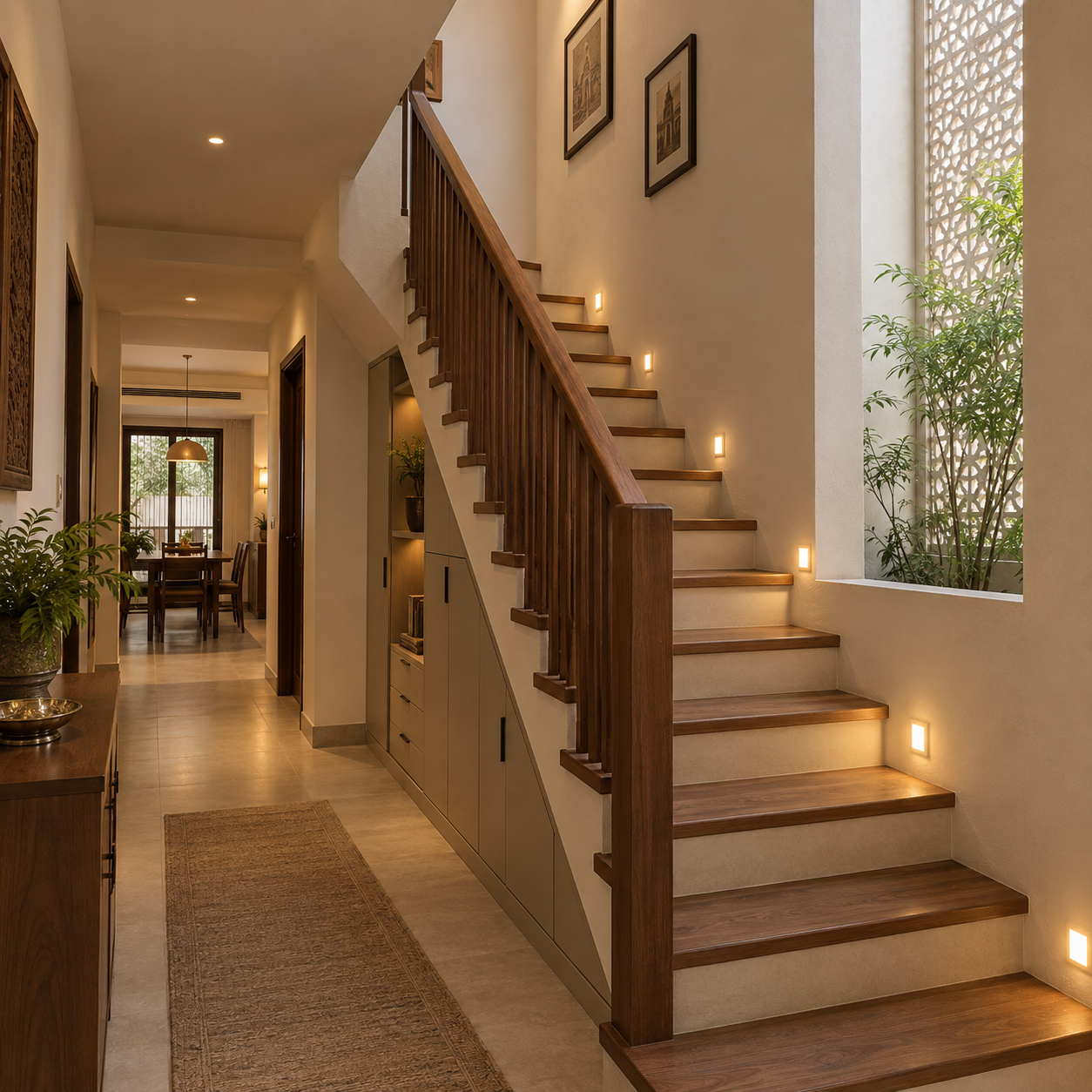 Interior of a home featuring a staircase with wooden steps and railing, built-in storage cabinets underneath, wall-mounted lights along the stairs, a large window with decorative lattice, a dining area with a table and chairs, potted plants, and framed artwork on the walls.
