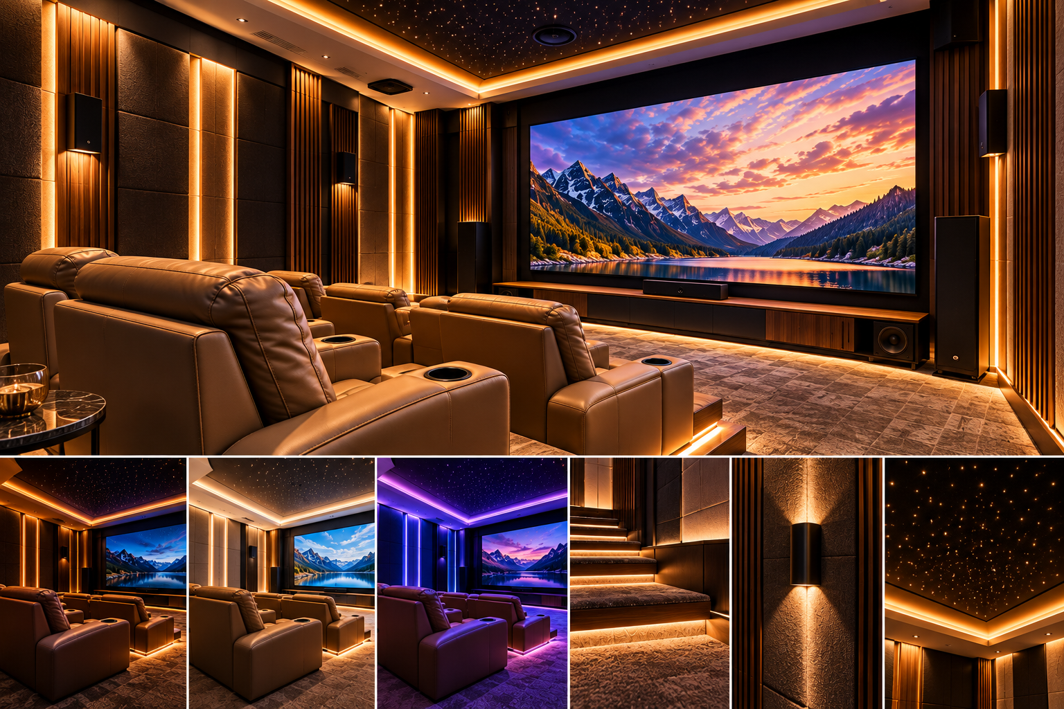 Luxury home theatre showing warm LED cove lighting, star-effect ceiling, illuminated pathways, wall sconces and alternative lighting moods.