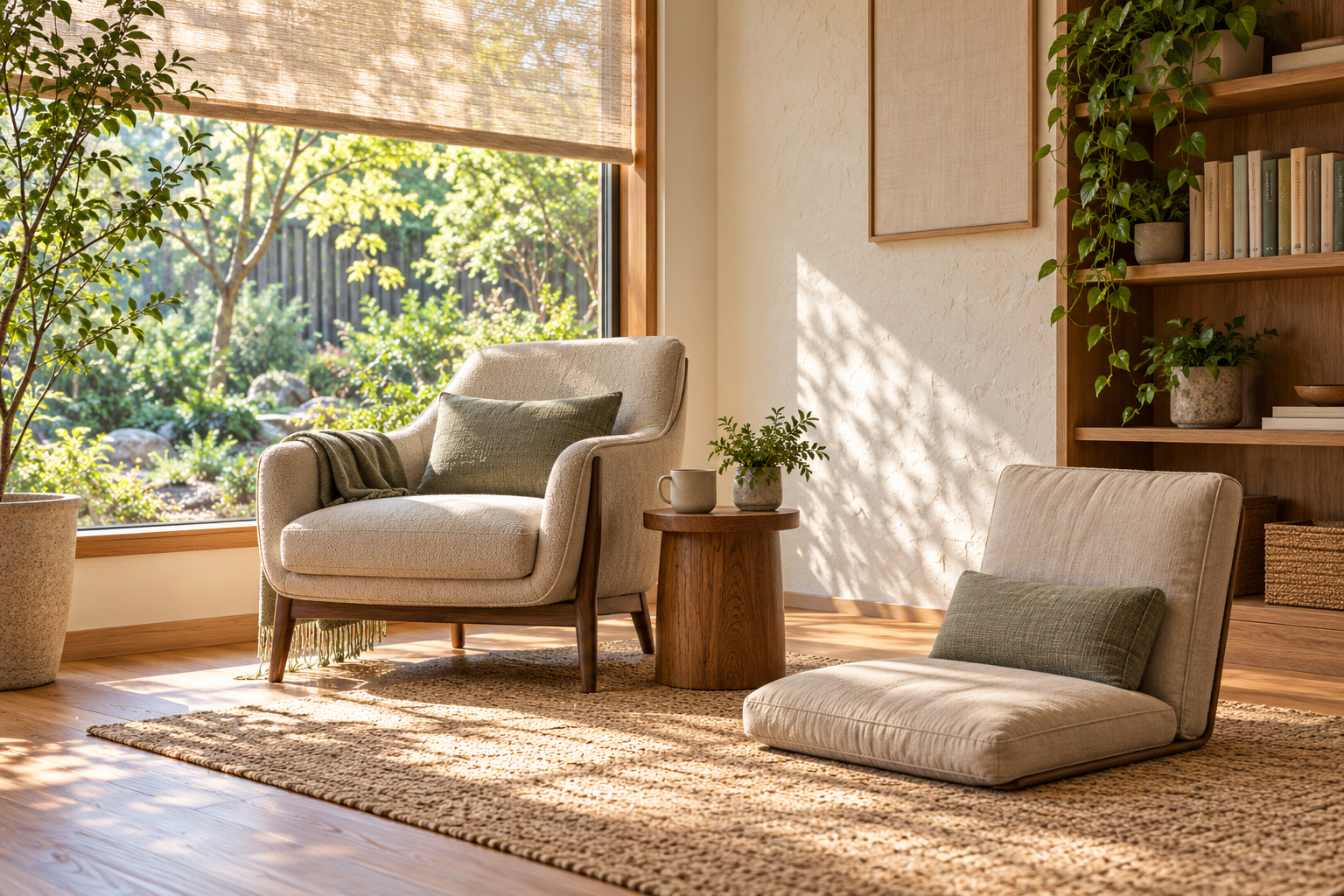 Conceptual meditation corner with a supportive chair, back-supported floor seat and filtered natural daylight