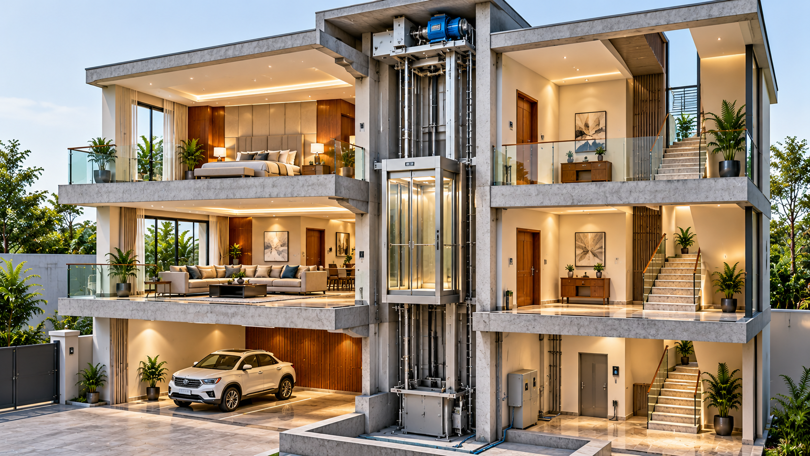 Architectural cutaway of a multistorey luxury villa illustrating a central home elevator shaft, floor openings, equipment space and structural integration.