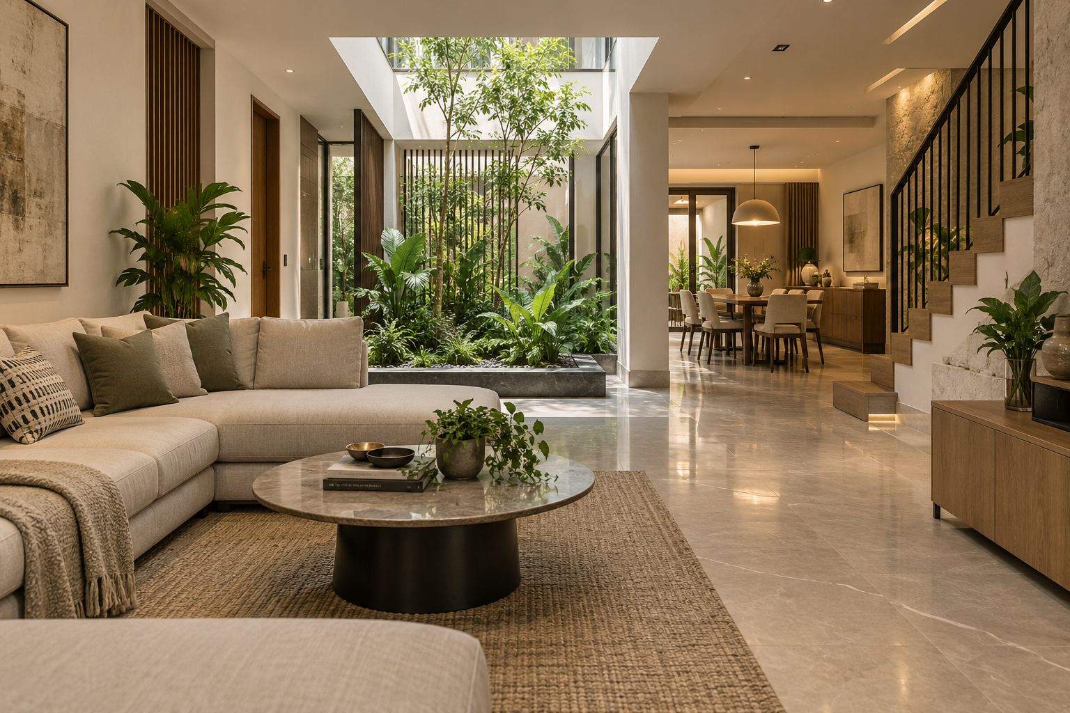 Family lounge, dining area and central landscaped lightwell inside AV-006 Family Lightwell Villa.