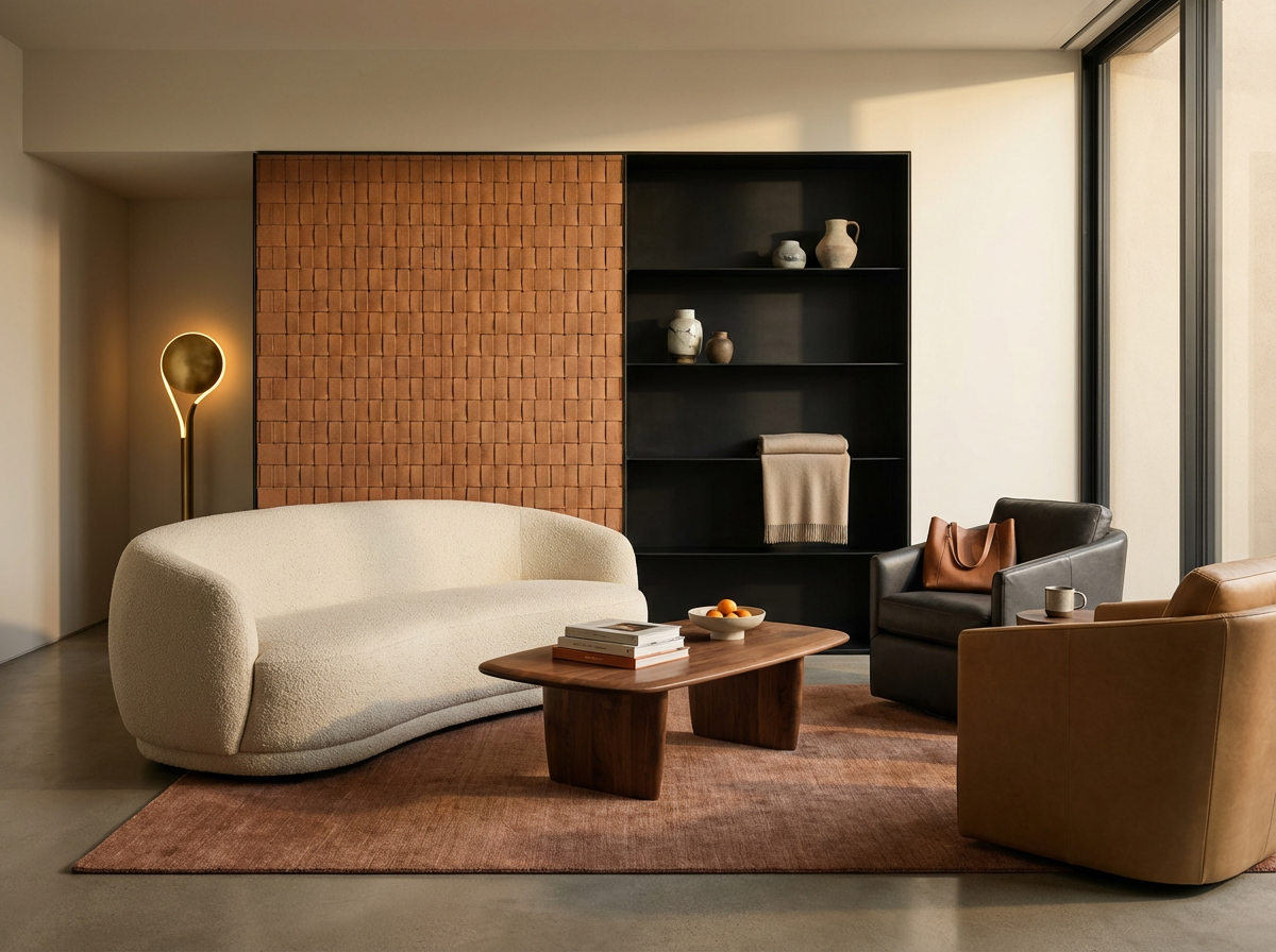 A modern living room with a white curved sofa, a brown leather armchair, a dark gray armchair, a wooden coffee table with books and a bowl of oranges, a pinkish area rug, a black shelving unit with vases and a beige throw blanket, a textured brick wall, a floor lamp with a round gold shade, and large glass windows letting in natural light.