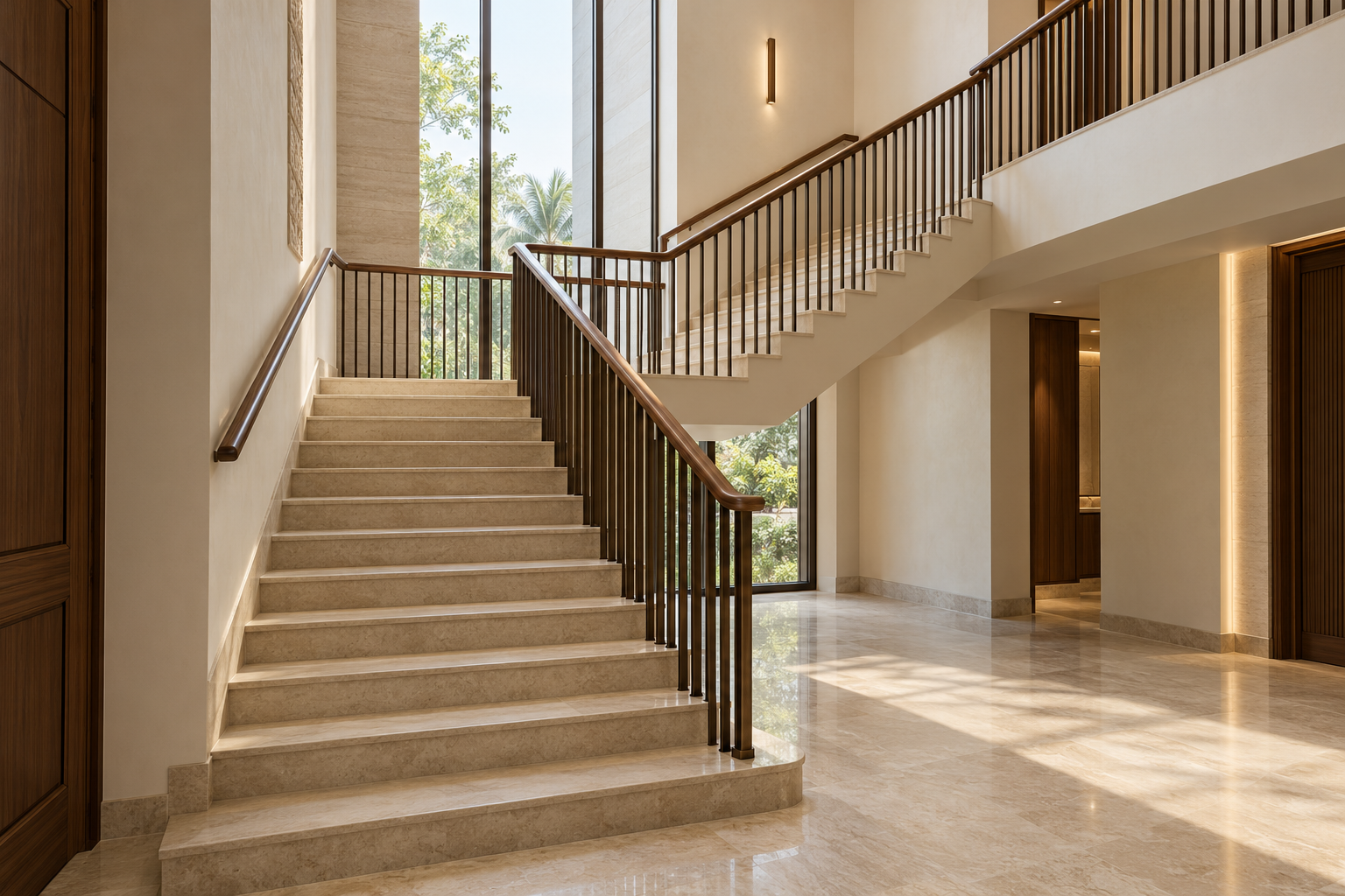 Stone staircase turning at a daylight-filled landing, with wooden handrails and bronze balusters.